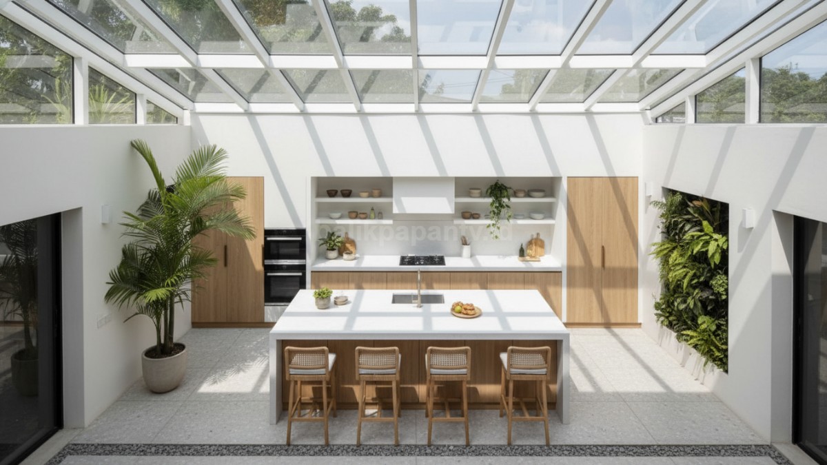 Dapur Minimalis Modern dengan Skylight atap kaca menghadirkan pencahayaan 