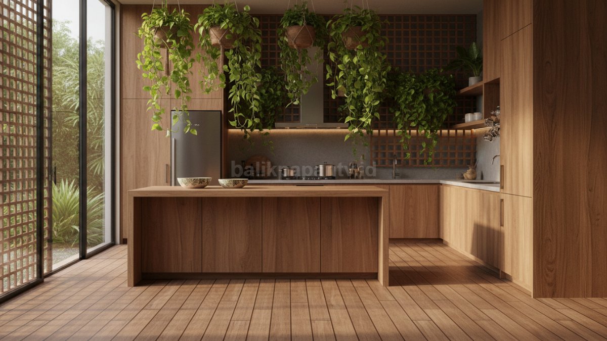 Model tropis kayu alami untuk nuansa hangat dan natural.