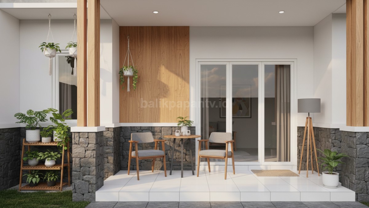 Teras rumah dengan kombinasi warna Kombinasi warna putih, abu tua, dan kayu natural yang clean tapi hidup