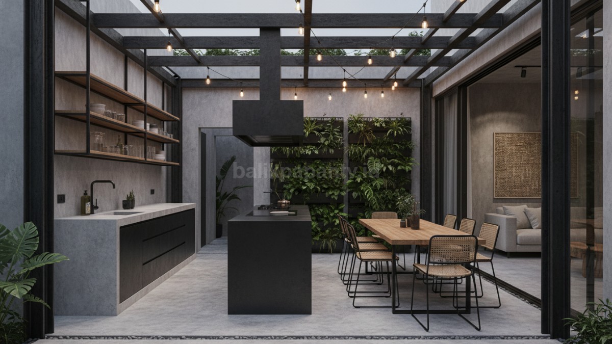 Konsep Industrial Chic penggunaan beton ekspos dan aksen besi 