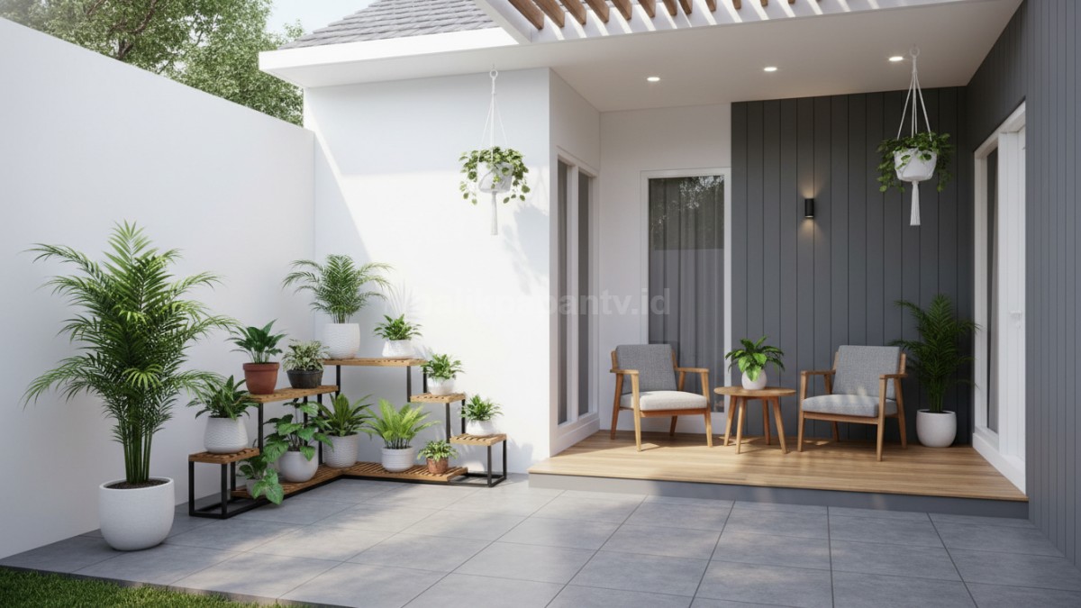 Fasad rumah dengan kombinasi warna putih, abu dan kayu natural