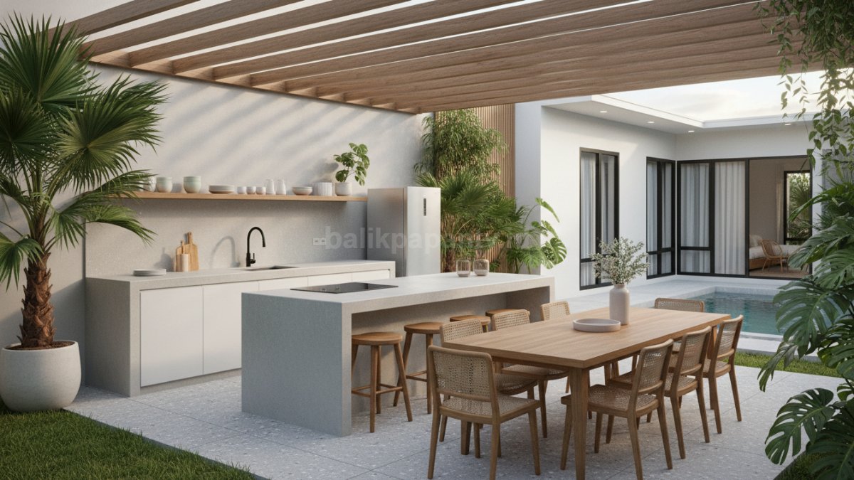 Dapur Multifungsi dengan Area Makan Luas integrasi meja makan outdoor 