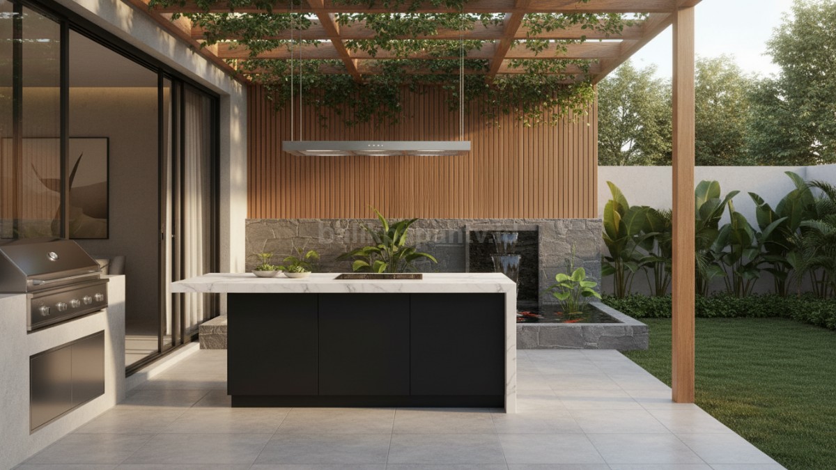  Dapur dengan Water Feature kolam ikan mini atau air mancur kecil menambah estetika
