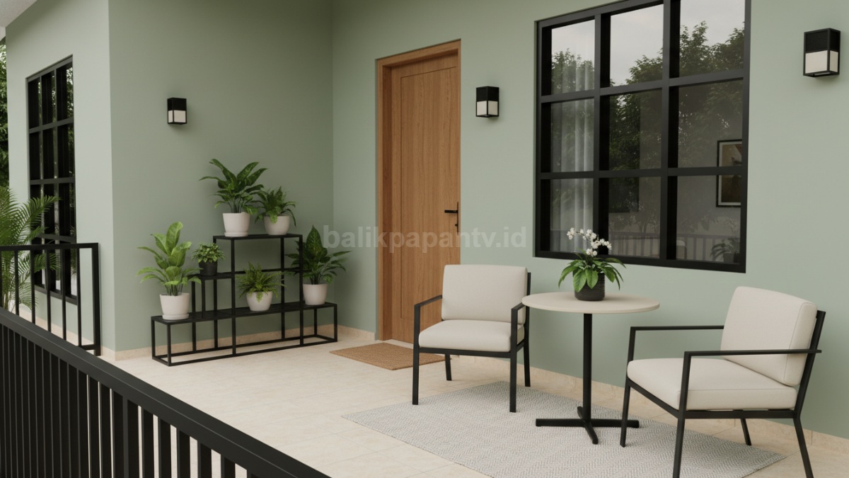 Teras rumah Kombinasi warna hijau sage, krem, dan hitam doff untuk kesan adem