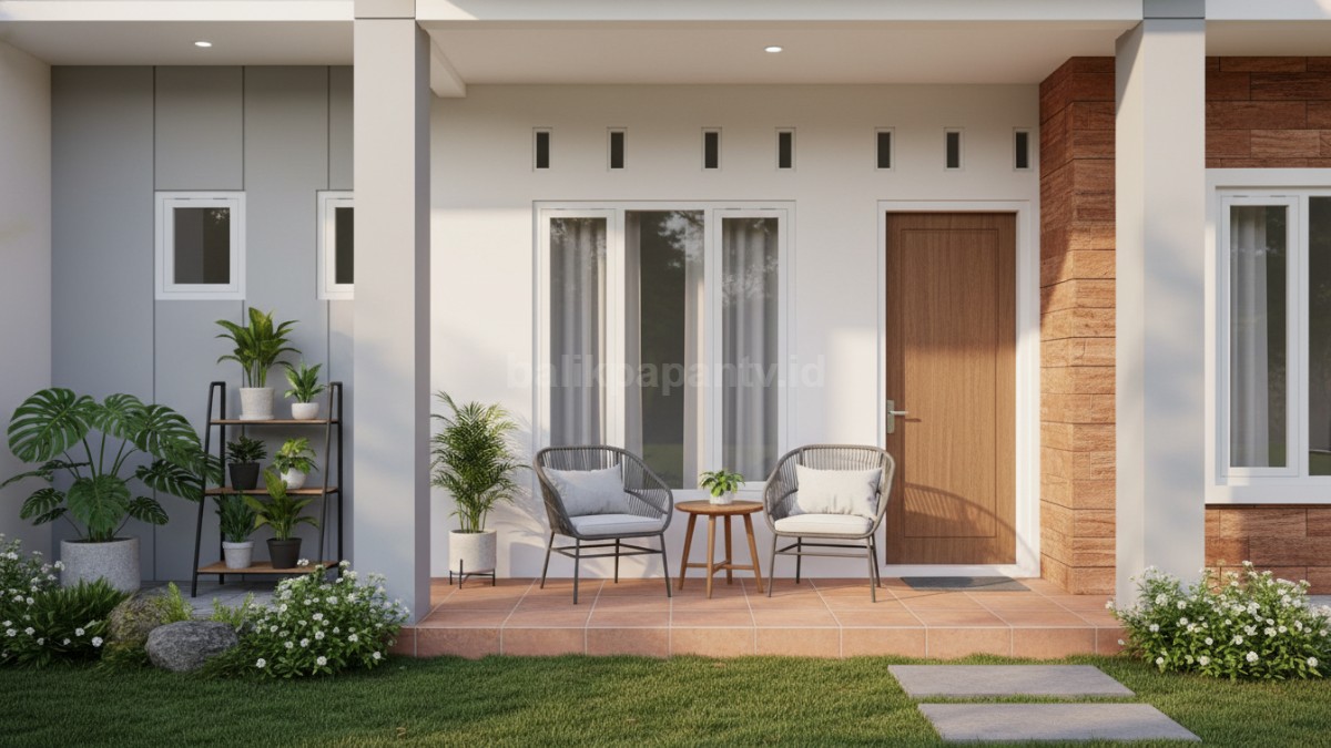 Teras rumah dengan Kombinasi warna terracotta, putih tulang, dan abu muda yang earthy