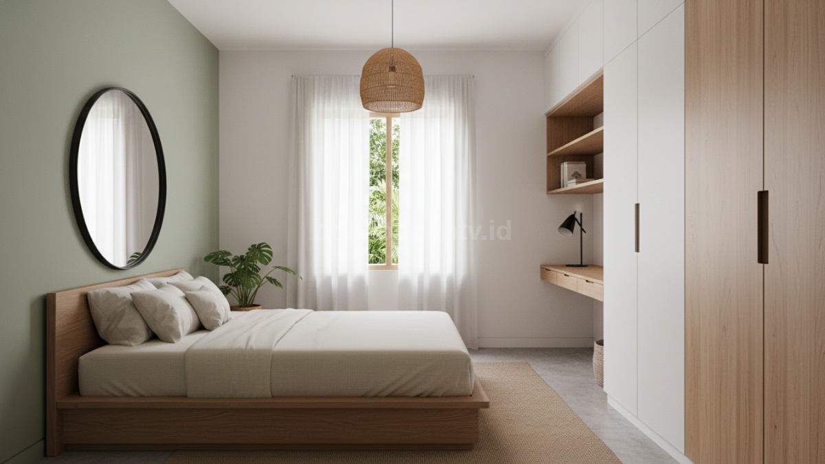 Kamar tidur minimalis modern dengan kasur Queen dan elemen kayu hangat, nyaman &amp; estetik