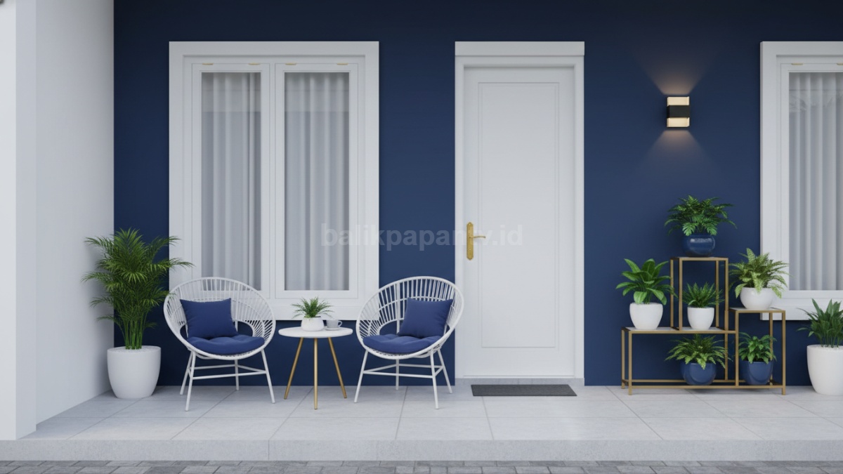 Kombinasi warna biru navy, putih, dan emas untuk kesan elegan