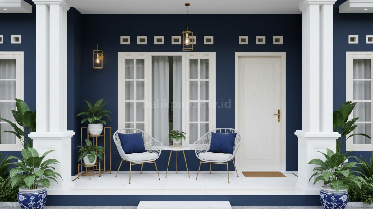 Teras warna navy dengan aksen emas tampil mewah dan modern