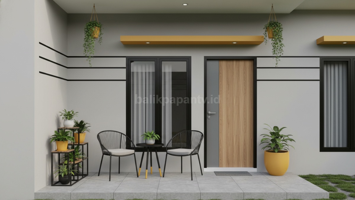 Kombinasi warna hitam, abu terang, dan aksen kuning mustard yang berani