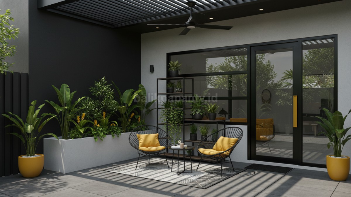 Teras rumah modern dengan kombinasi tiga warna kontras yang menarik perhatian sejak pandangan pertama