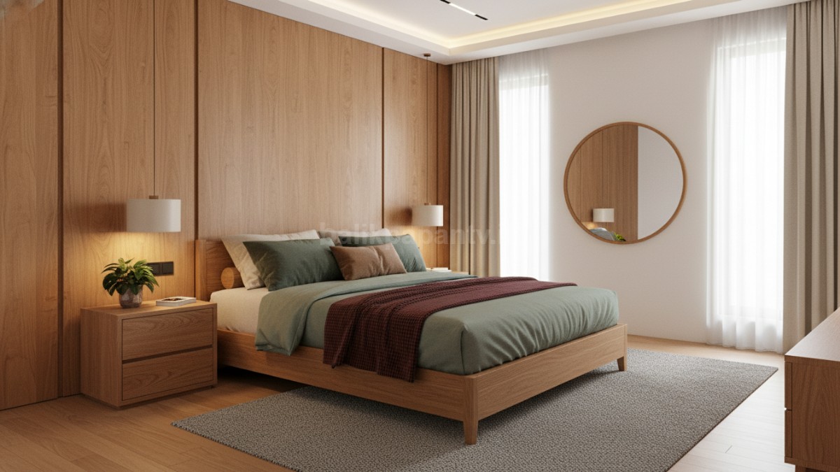 Kasur Queen di kamar utama dengan nakas kecil &amp; cermin besar