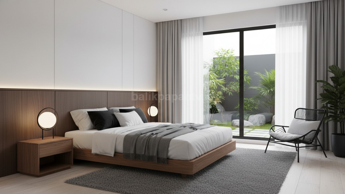 Kamar hitam putih dengan perabot minimal dan lampu hangat