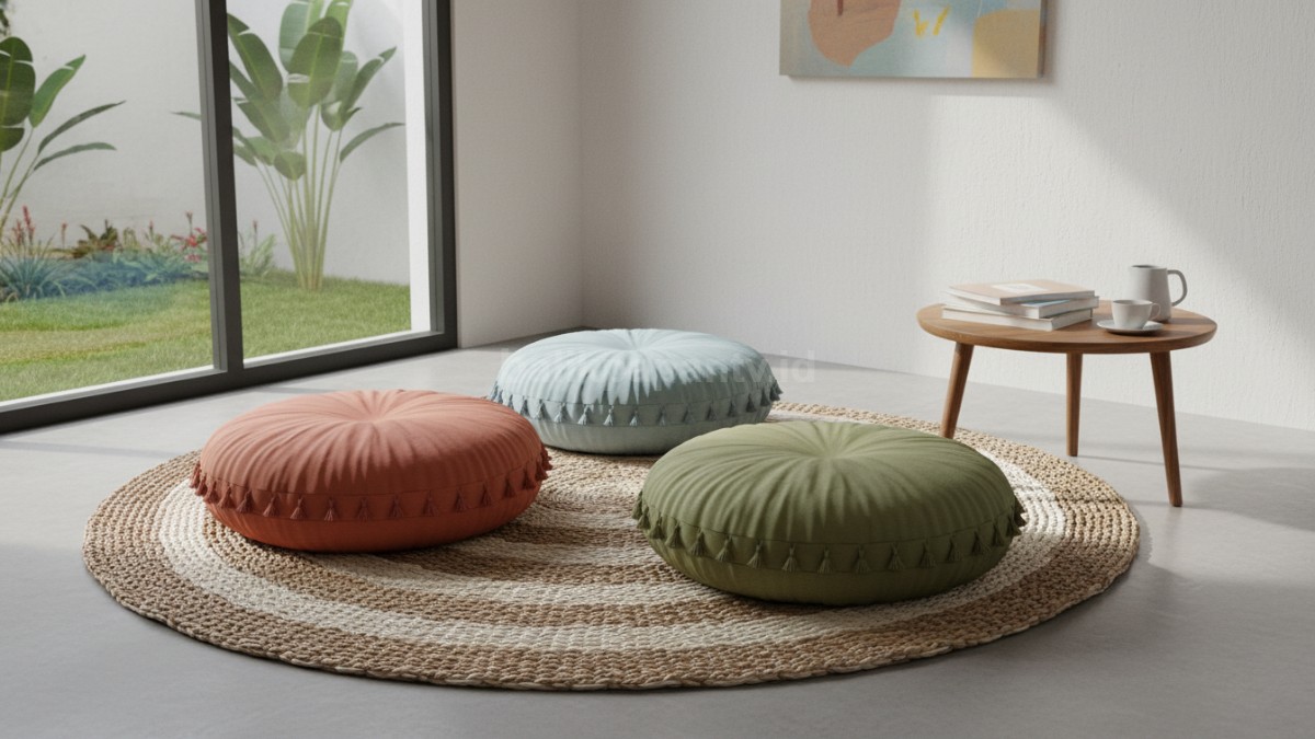 Sudut santai dengan karpet dan bantal duduk