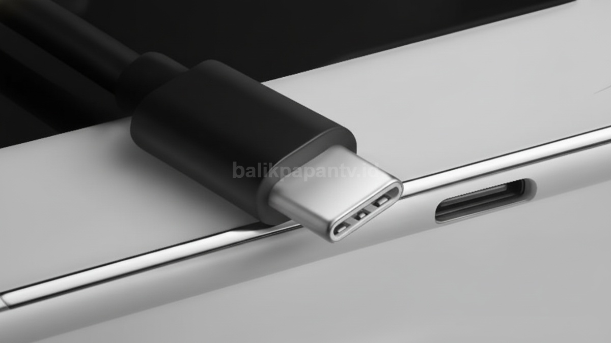 Ilustrasi meja kerja rapi dengan satu kabel USB-C serbaguna, menggambarkan perubahan dari banyak kabel ke satu solusi.
