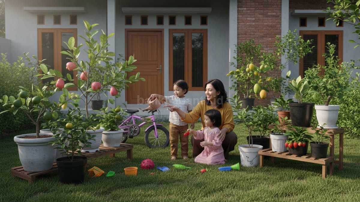 Kebun buah mini sederhana di halaman rumah dengan berbagai pot tanaman buah