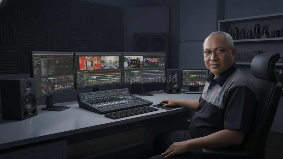 Proses editing wedding cinematic di monitor dengan timeline penuh warna 