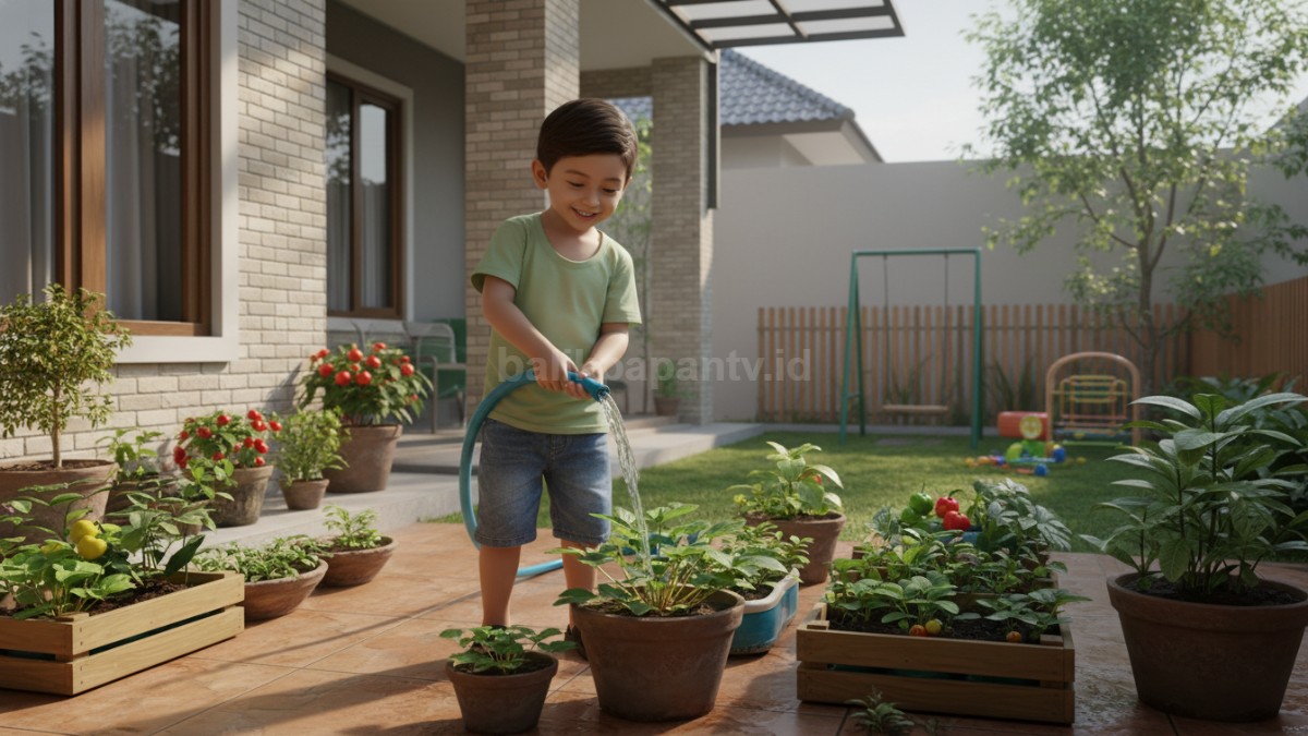 Anak kecil sedang menyiram tanaman buah di pot sebagai aktivitas edukasi di rumah