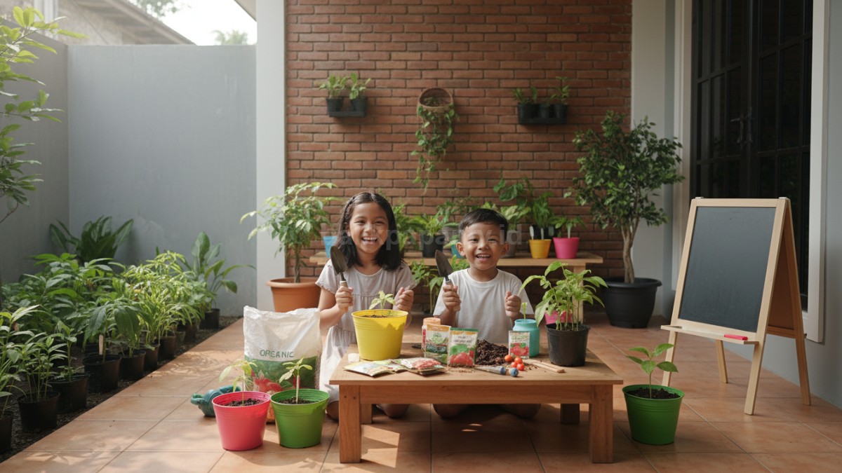 Peralatan berkebun sederhana seperti pot, tanah, dan bibit tanaman buah