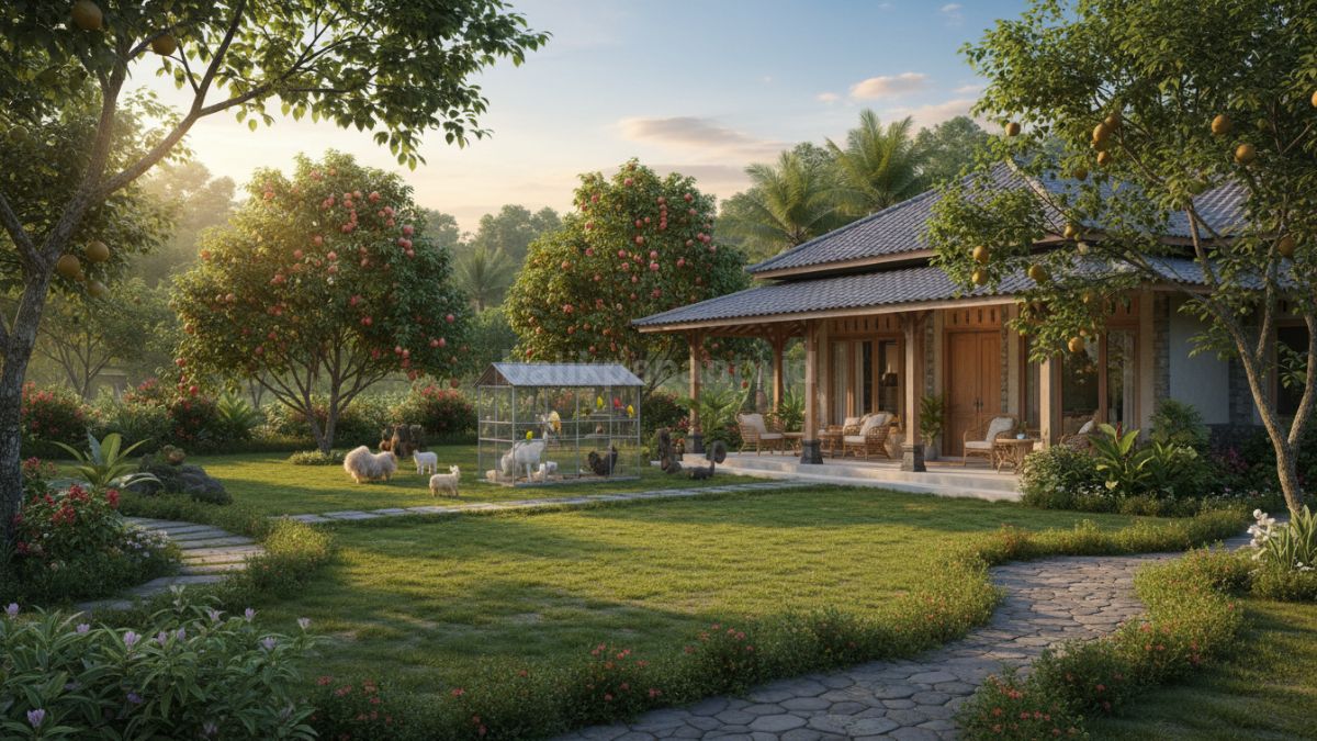 Rumah pensiun dengan halaman luas, terlihat kebun buah dan kandang mini di area belakang, suasana hijau dan tenang
