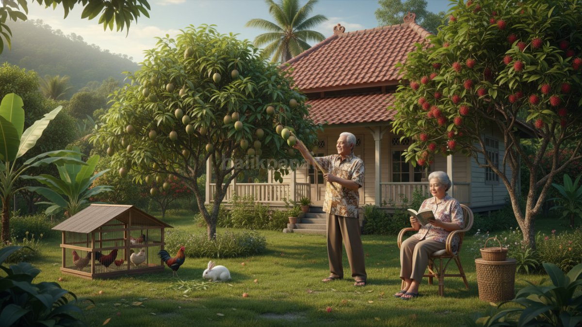 Ilustrasi orang usia lanjut berkebun di halaman rumah, memetik buah sambil menikmati suasana santai