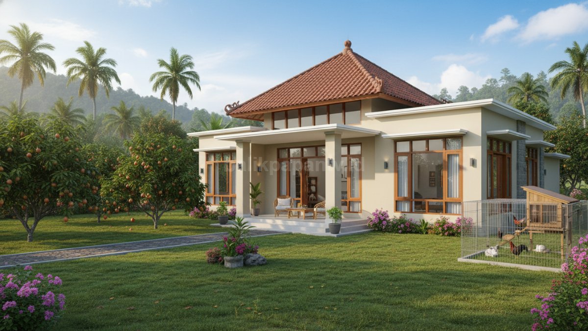Desain rumah satu lantai dengan halaman terbagi rapi, ada area kebun dan kandang terpisah dari bangunan utama