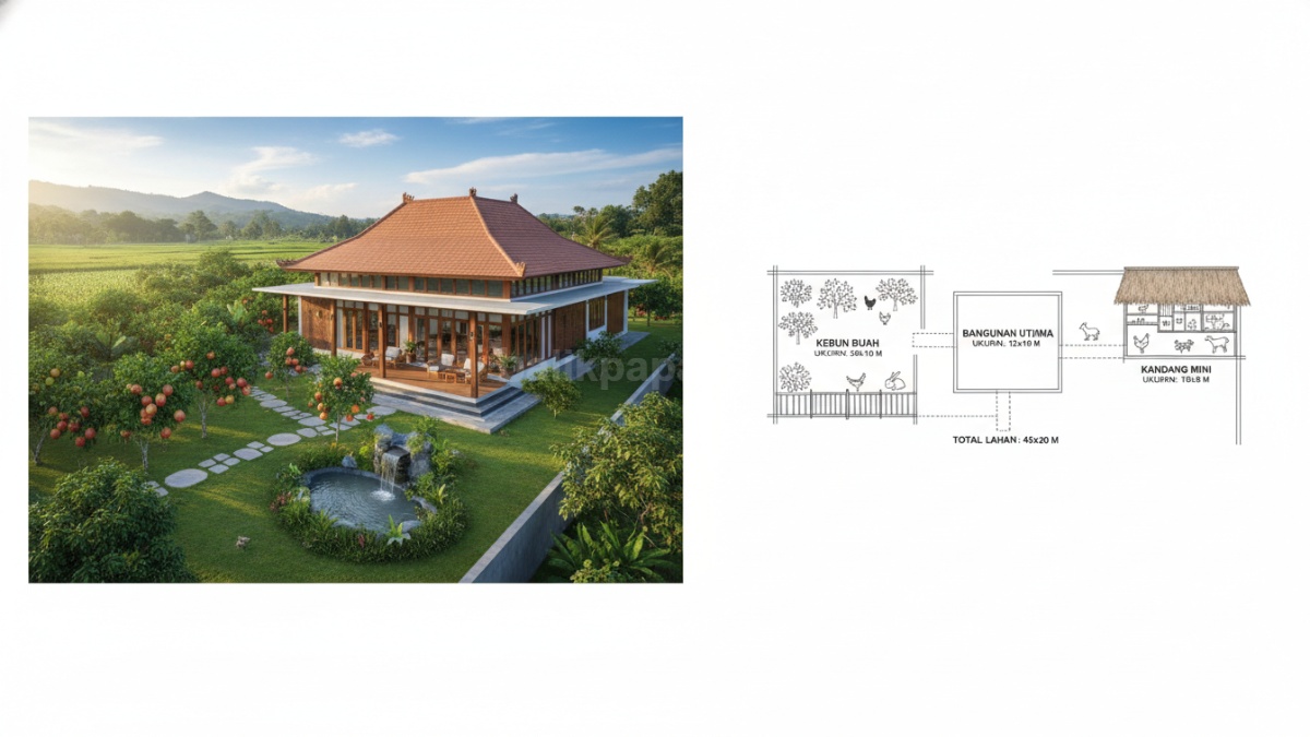 Gambar denah sederhana rumah dengan pembagian area kebun, kandang, dan bangunan utama lengkap dengan ukuran