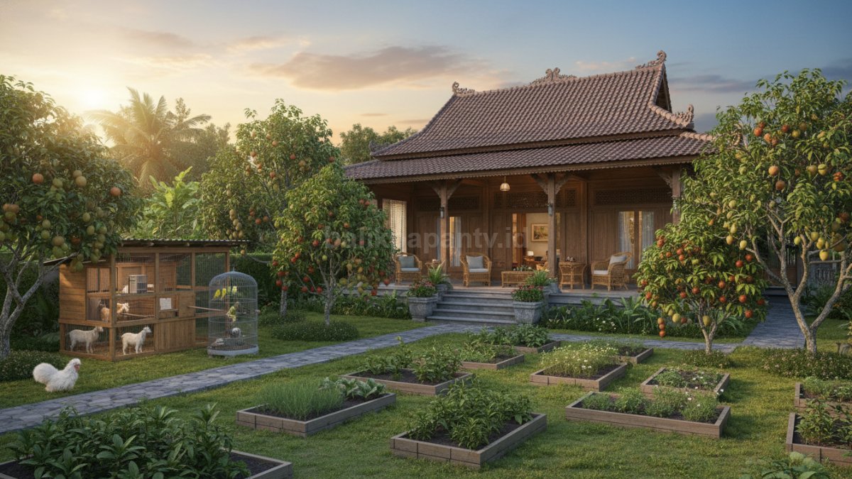 Foto hasil akhir rumah pensiun yang tertata rapi, kebun subur, kandang bersih, dan area rumah tetap nyaman