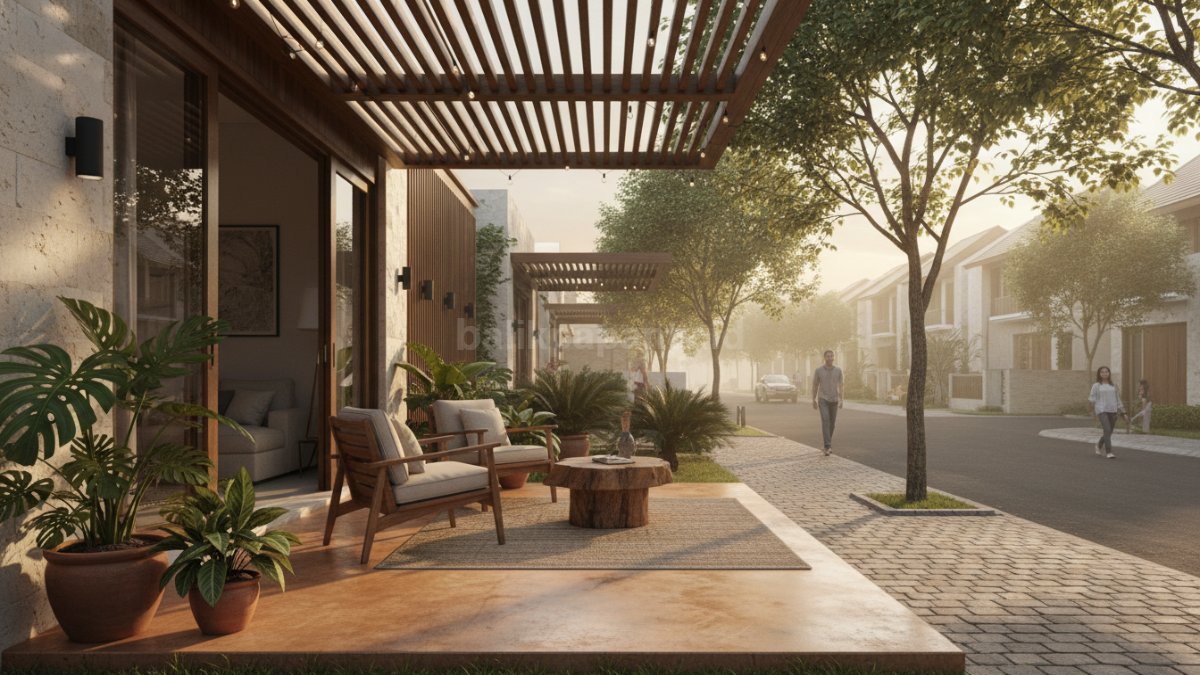 Teras rumah pinggir jalan tanpa pagar dengan desain terbuka, terlihat rapi, estetik, dan menyatu dengan lingkungan sekitar
