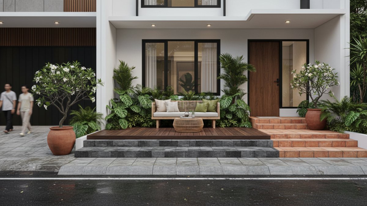 Kumpulan desain teras minimalis tanpa pagar dengan tanaman pembatas, bangku, dan lantai berbeda level