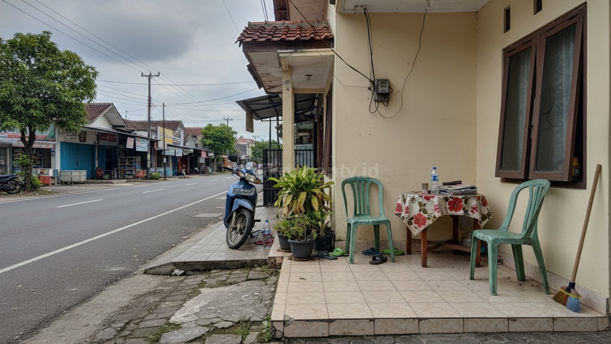 Ilustrasi kesalahan desain teras seperti tidak ada pembatas visual, posisi terlalu dekat jalan, dan tampilan berantakan