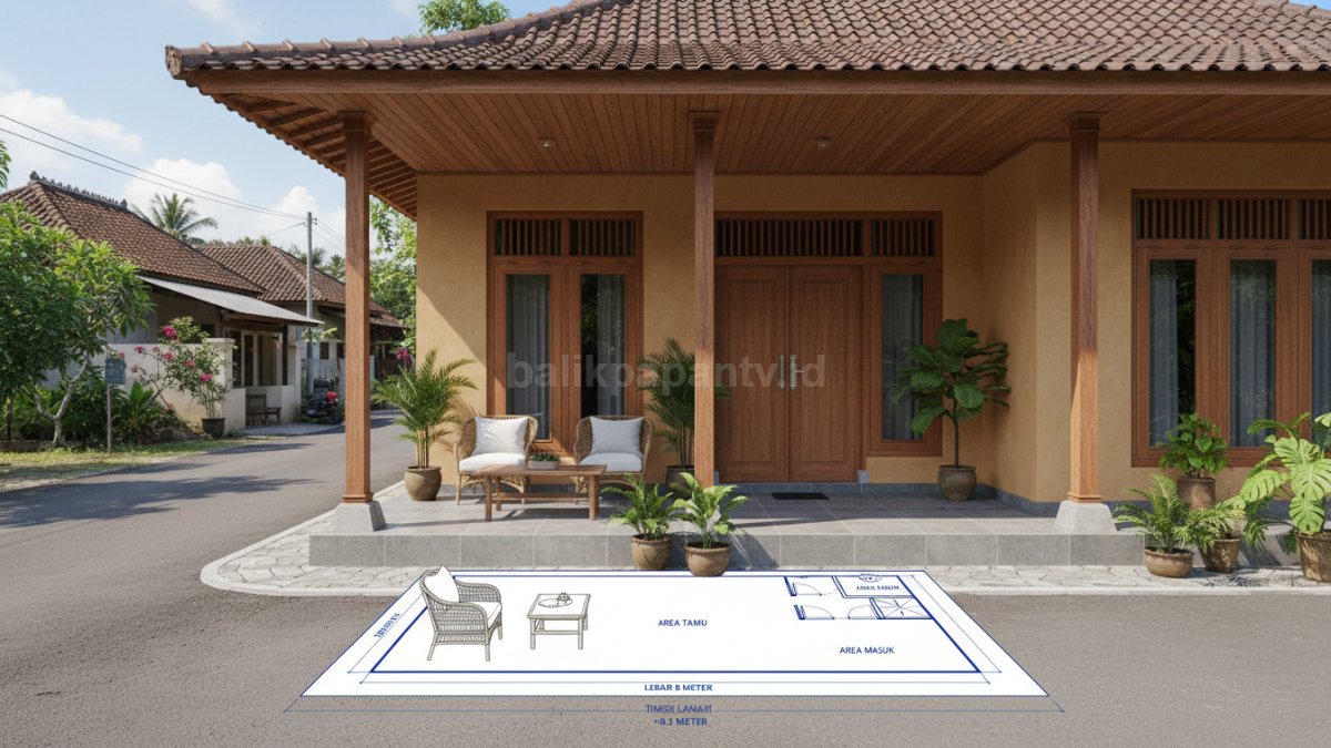 Gambar denah teras rumah dengan ukuran lebar, tinggi lantai, dan pembagian area yang jelas