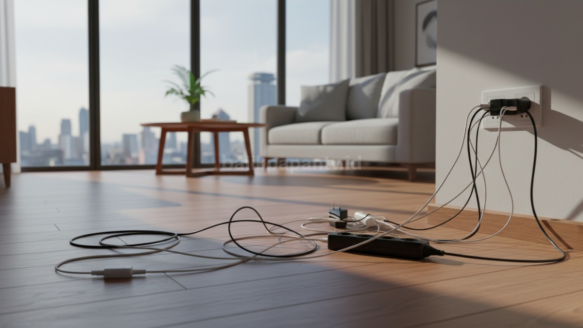 Kabel berserakan di lantai sebagai contoh masalah umum di rumah 
