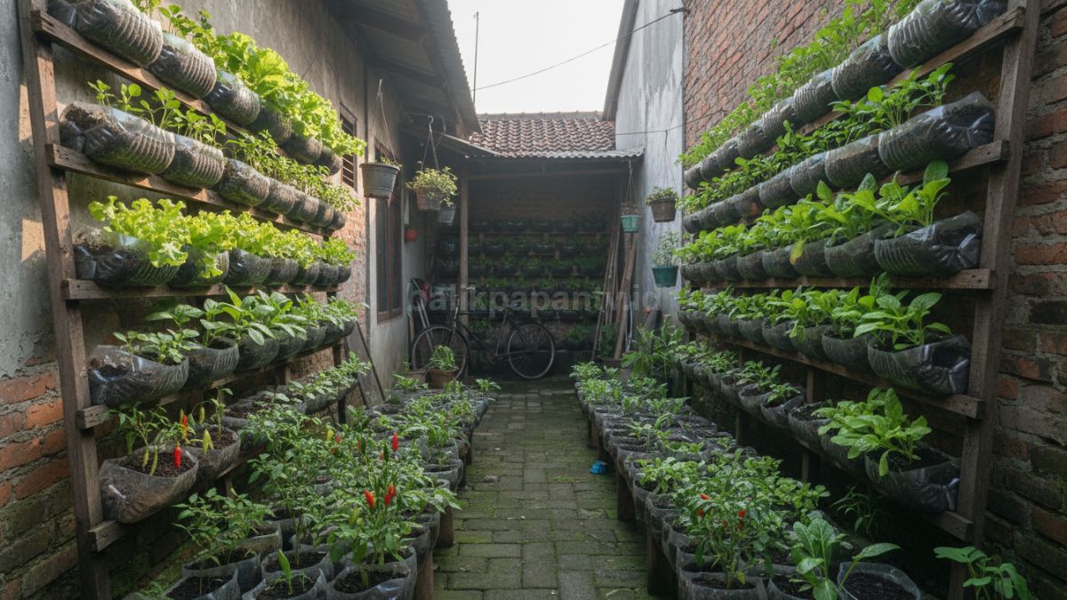 Kebun rumah sederhana dari botol plastik bekas yang disusun rapi di halaman sempit dengan tanaman sayur hijau tumbuh subur