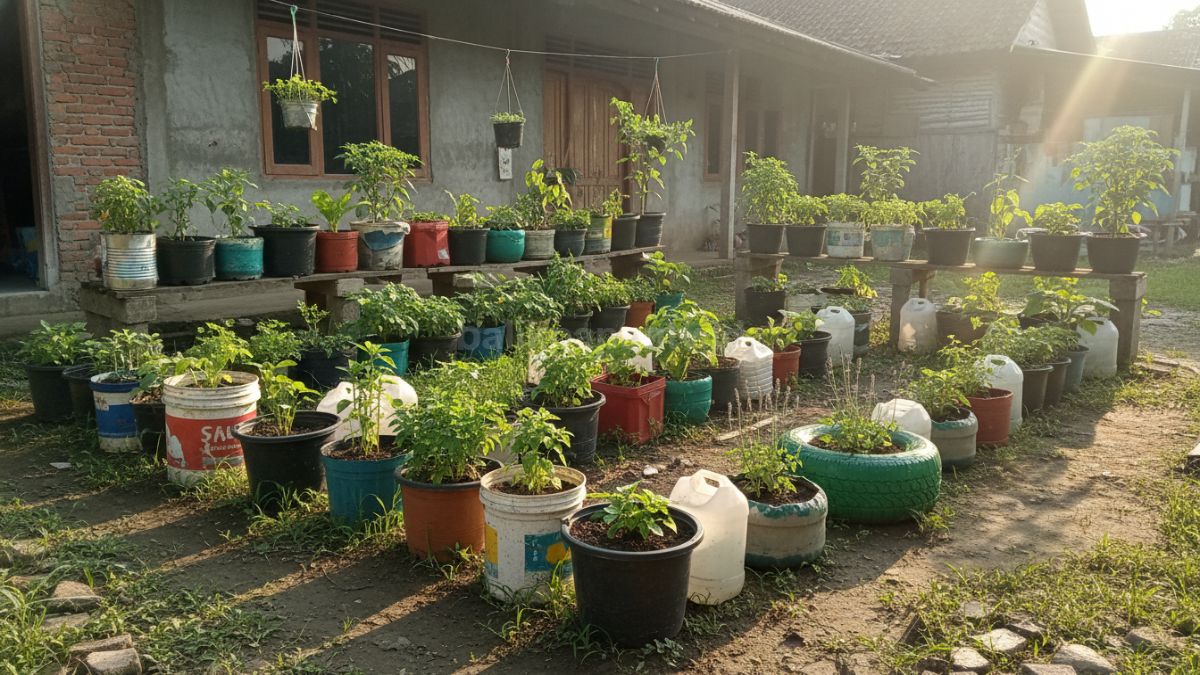 Contoh ukuran jarak tanam dan susunan pot sederhana dengan pencahayaan matahari cukup di halaman rumah