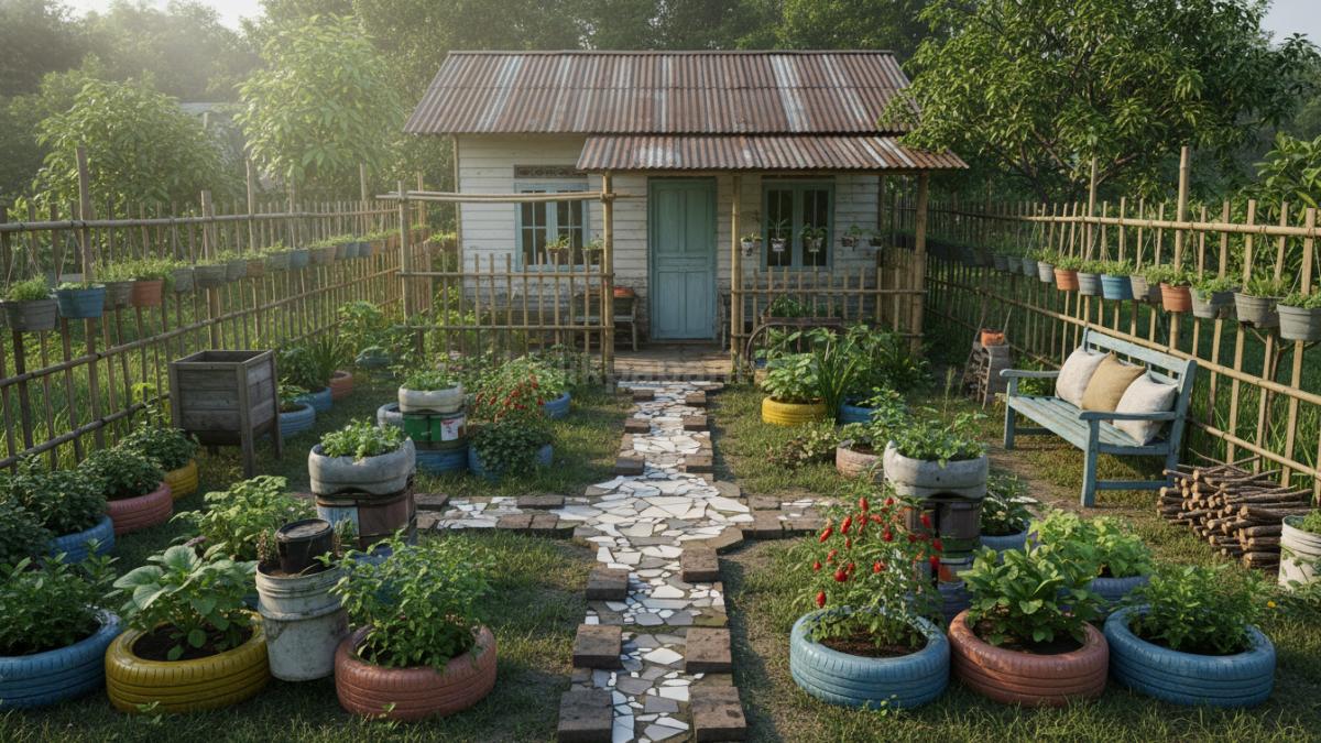 Kebun rumah kecil yang tertata rapi dengan berbagai tanaman sehat hasil perawatan rutin jangka panjang