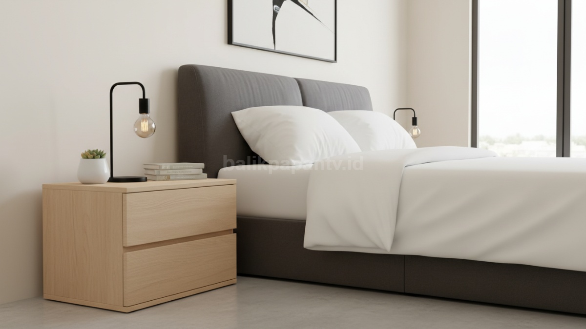 Nakas minimalis di samping tempat tidur dengan desain modern dan rapi