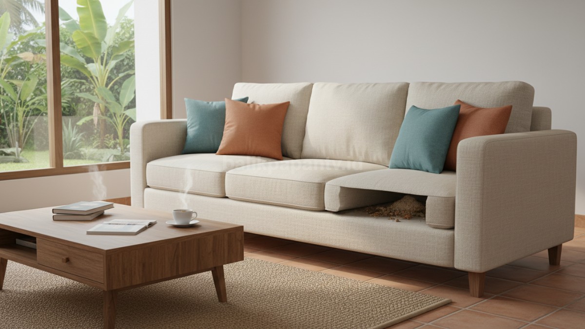 Sofa ruang tamu terlihat bersih dengan pencahayaan natural, menyimpan fakta kotoran tersembunyi
