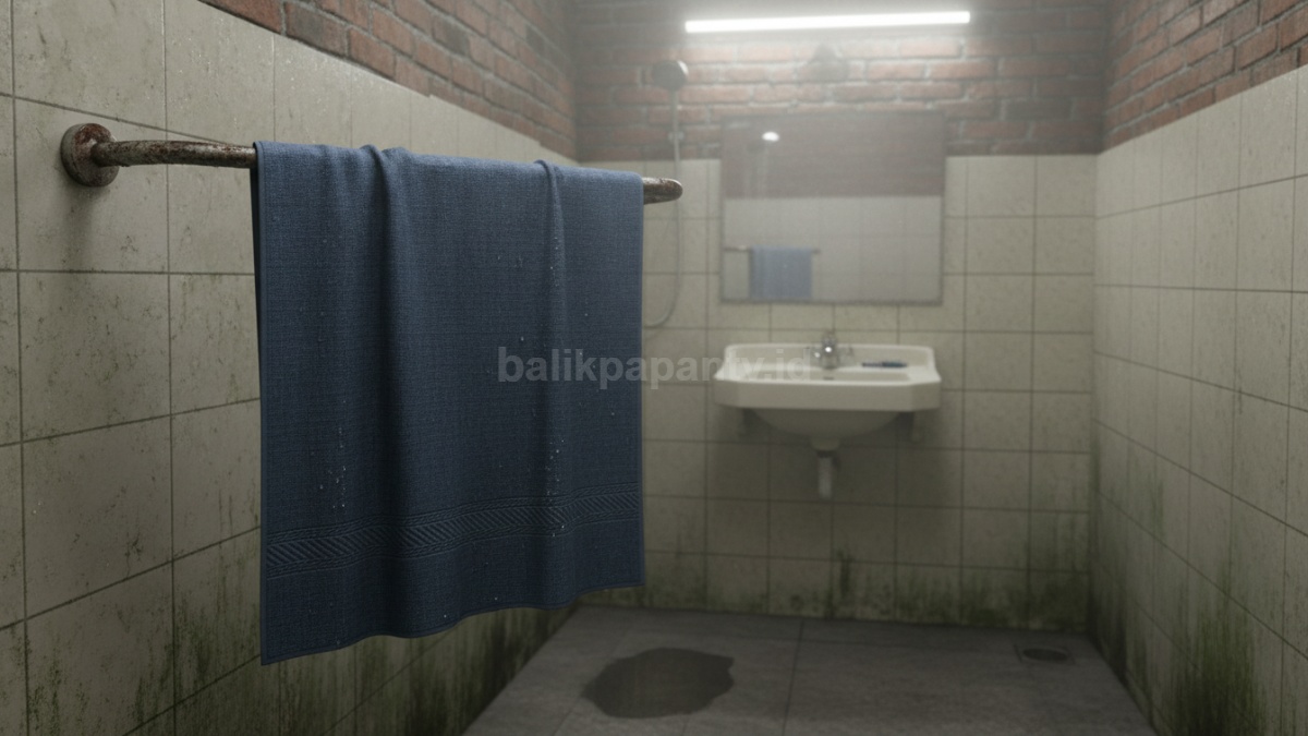 Handuk lembap di kamar mandi tanpa ventilasi