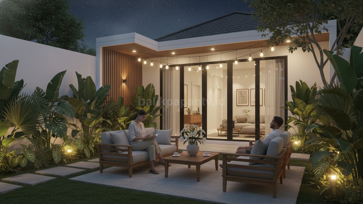 Area taman dengan furnitur outdoor modern yang nyaman dan estetik