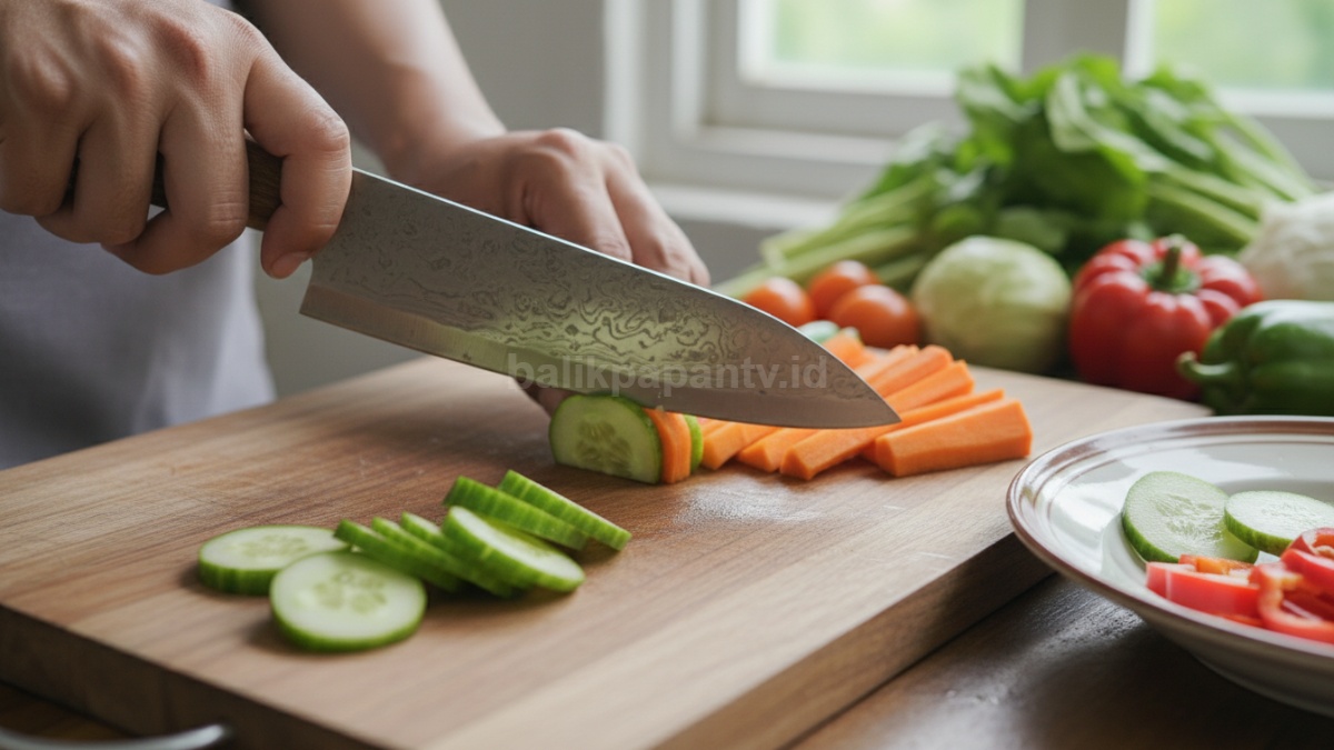 Pisau dapur digunakan memotong sayur dengan hasil rapi, menekankan pentingnya ketajaman pisau