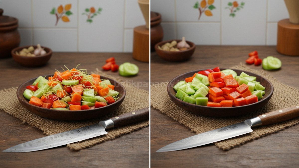 Perbandingan potongan sayur dengan pisau tajam dan tumpul