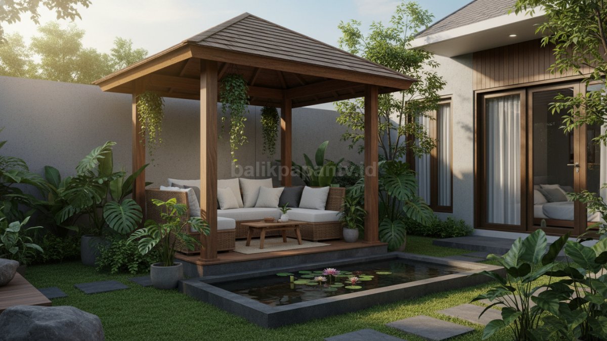 Gazebo taman dengan dekorasi tanaman hijau yang rimbun dan estetik