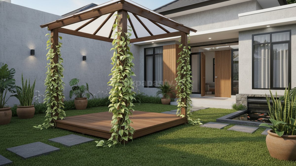 Tanaman rambat di tiang gazebo Seperti sirih gading atau tanaman merambat lainnya, memberi kesan alami.