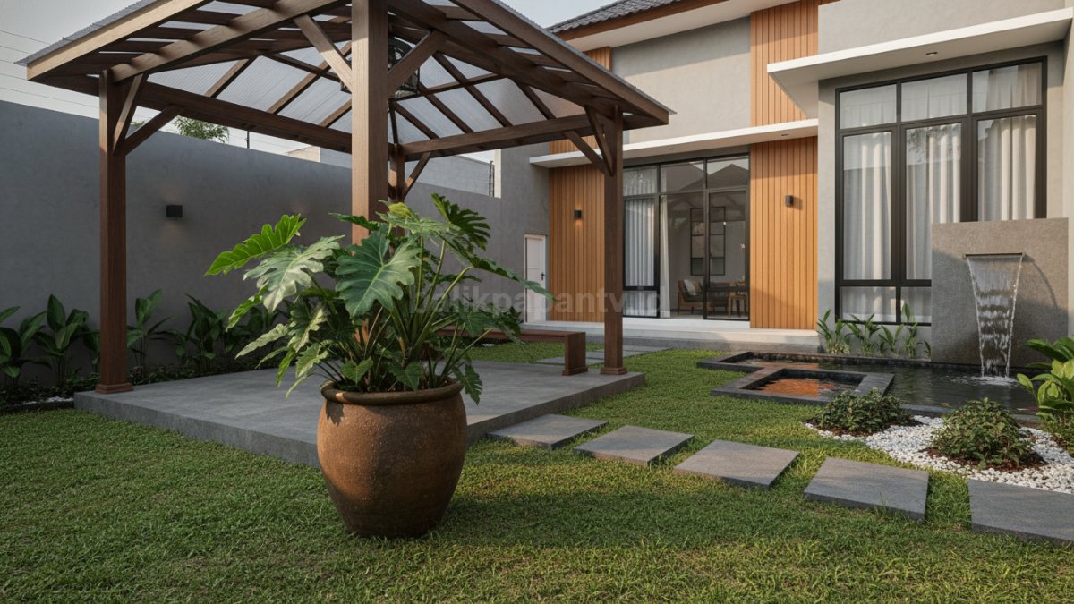 Pot besar di sudut gazebo Cocok untuk tanaman daun lebar yang memberi kesan sejuk.