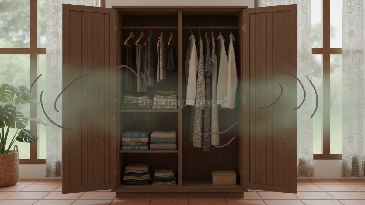 Lemari pakaian modern dengan baju rapi tapi muncul efek visual bau apek tersembunyi