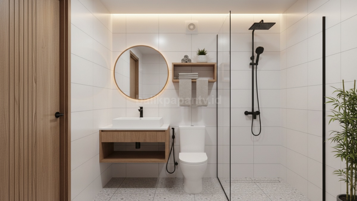 Kamar mandi kecil minimalis dengan cermin besar dan rak vertikal, tampak luas dan modern.