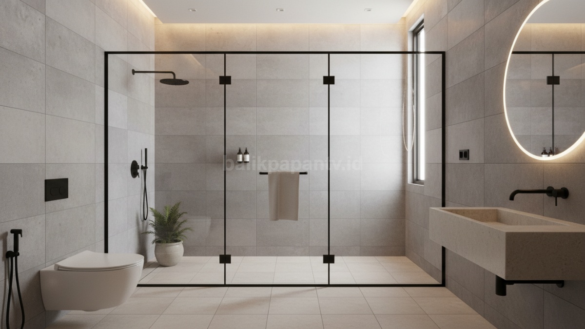 Shower box transparan dan wastafel gantung membuat kamar mandi rapi.
