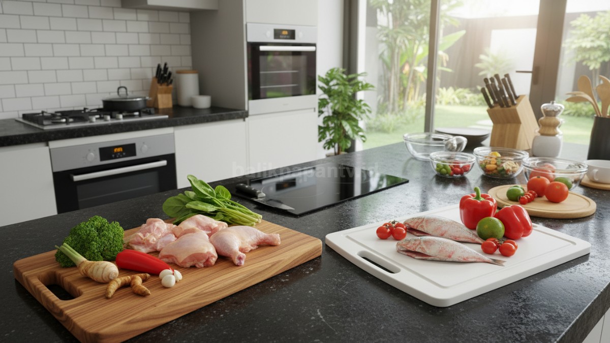 Perbandingan talenan kayu dan plastik di dapur modern dengan bahan makanan segar