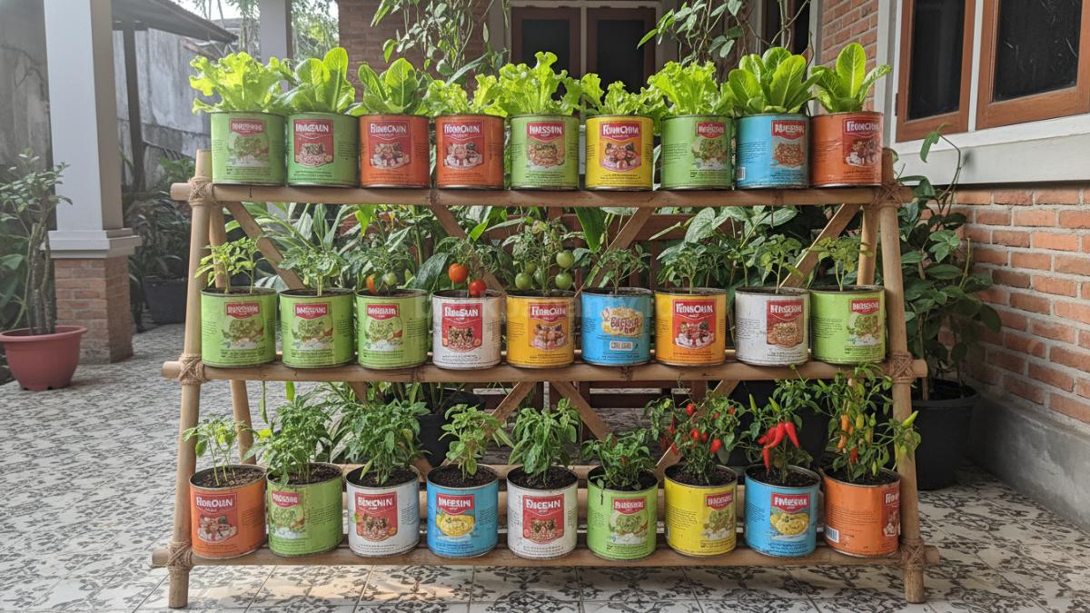Panen sayur segar dari kaleng kecil di rumah