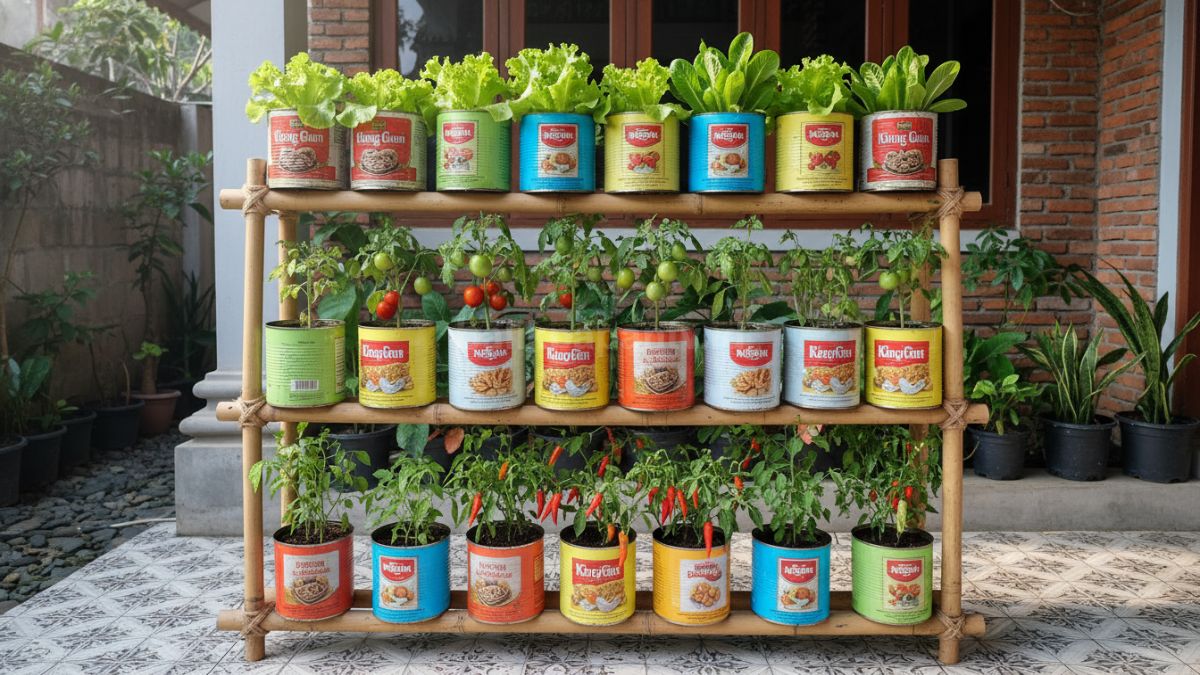 Kaleng biskuit bekas disulap jadi pot sayur hijau segar di teras rumah